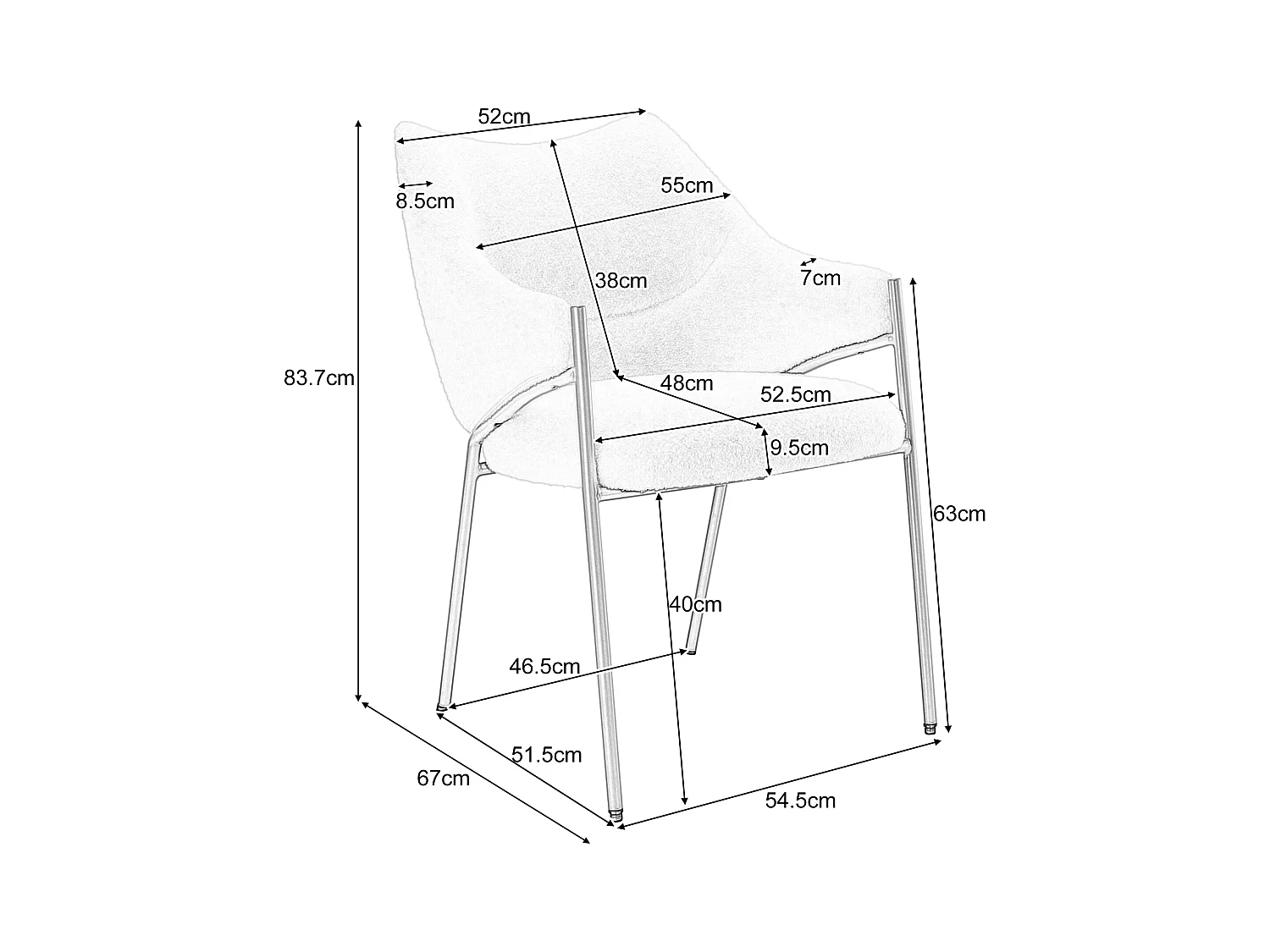 Lot de 4 chaise à manger en sherpa avec avec dossier rembourré et accoudoirs - pieds réglables - beige