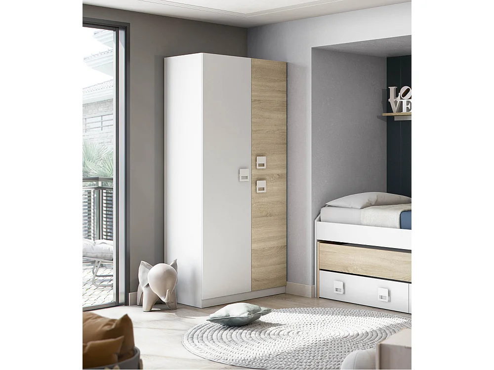 Armario de 3 puertas de 200x90x52 cm con barra de colgar extraíble en blanco-beige Tomy