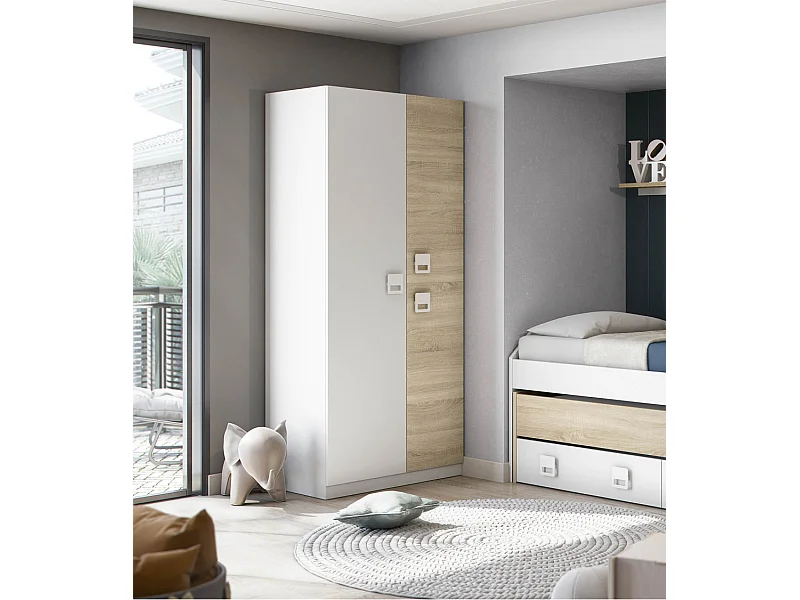 Armario de 3 puertas de 200x90x52 cm con barra de colgar extraíble en blanco-beige Tomy