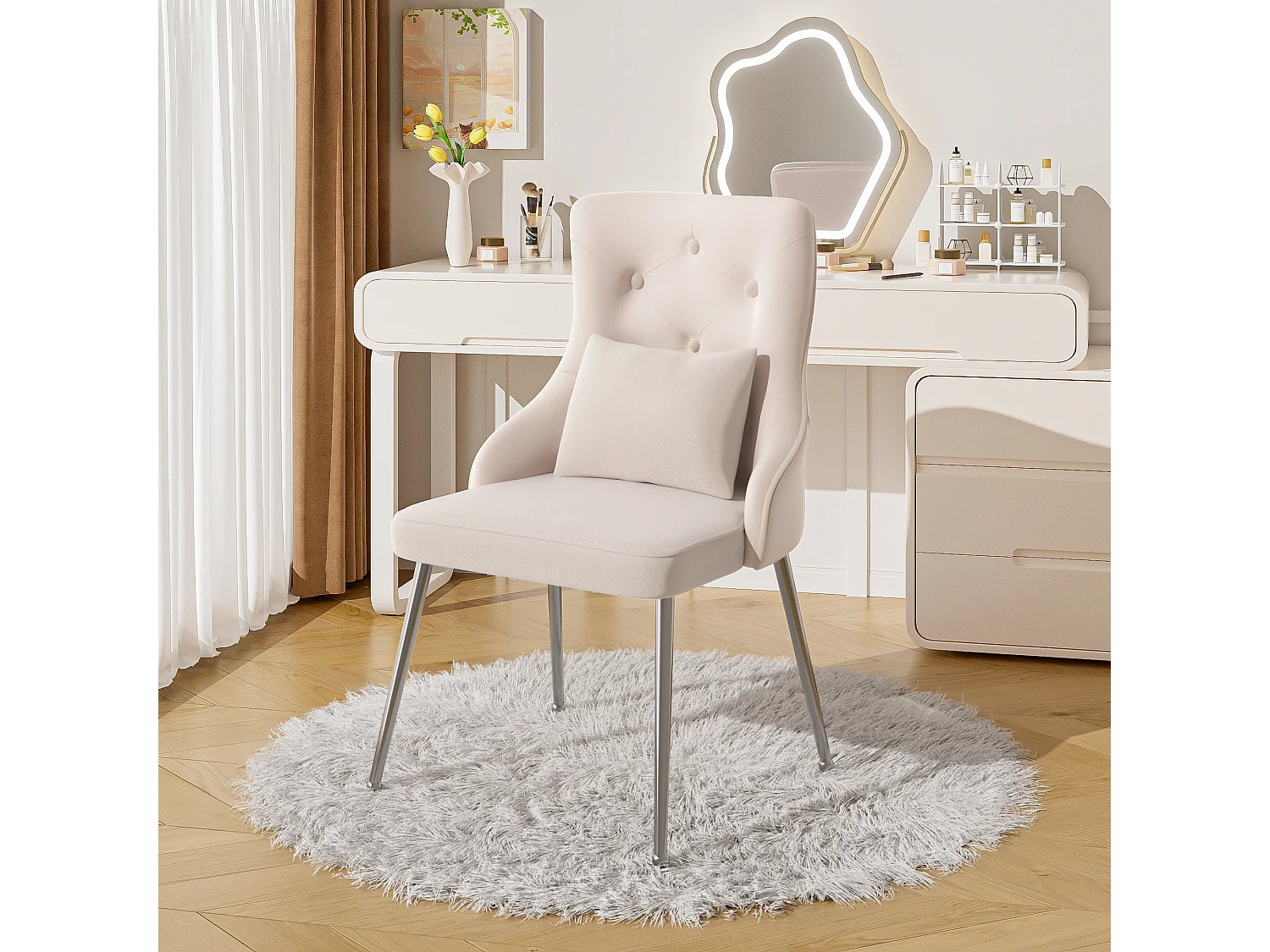 Eetkamerstoelen van fluweel met lendensteun en rugleuning - metalen poten - beige