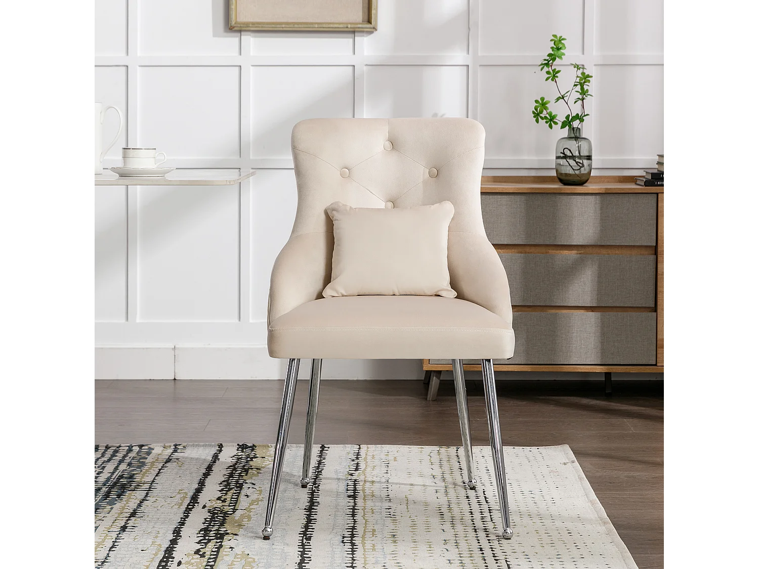 Eetkamerstoelen van fluweel met lendensteun en rugleuning - metalen poten - beige