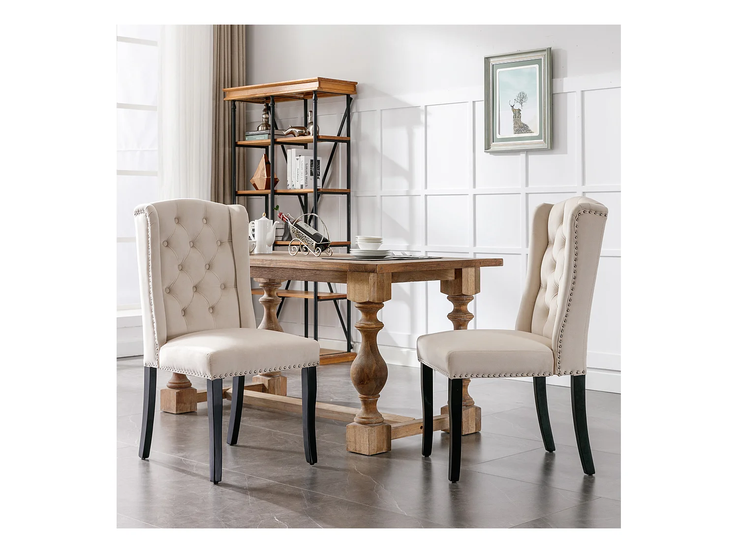 Lot de 2 chaises à manger en velours avec dossier - pieds en bois noir - beige