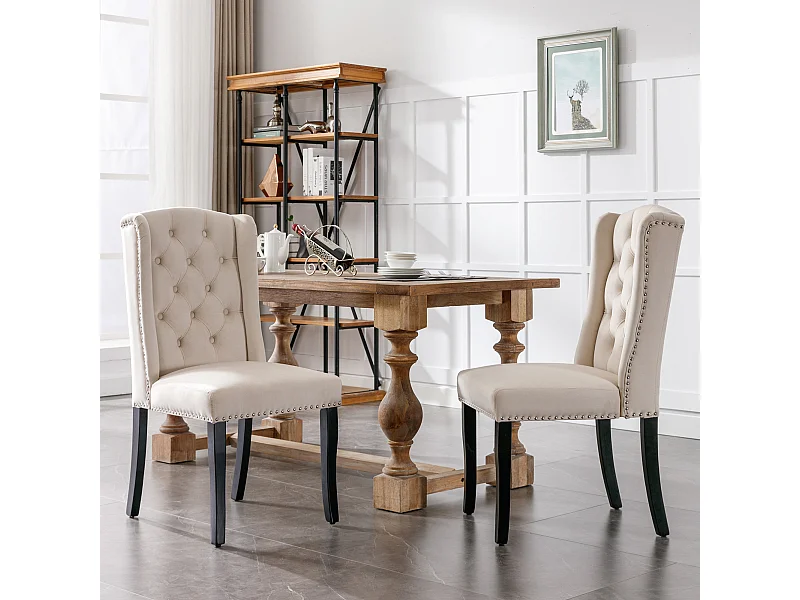 Lot de 2 chaises à manger en velours avec dossier - pieds en bois noir - beige