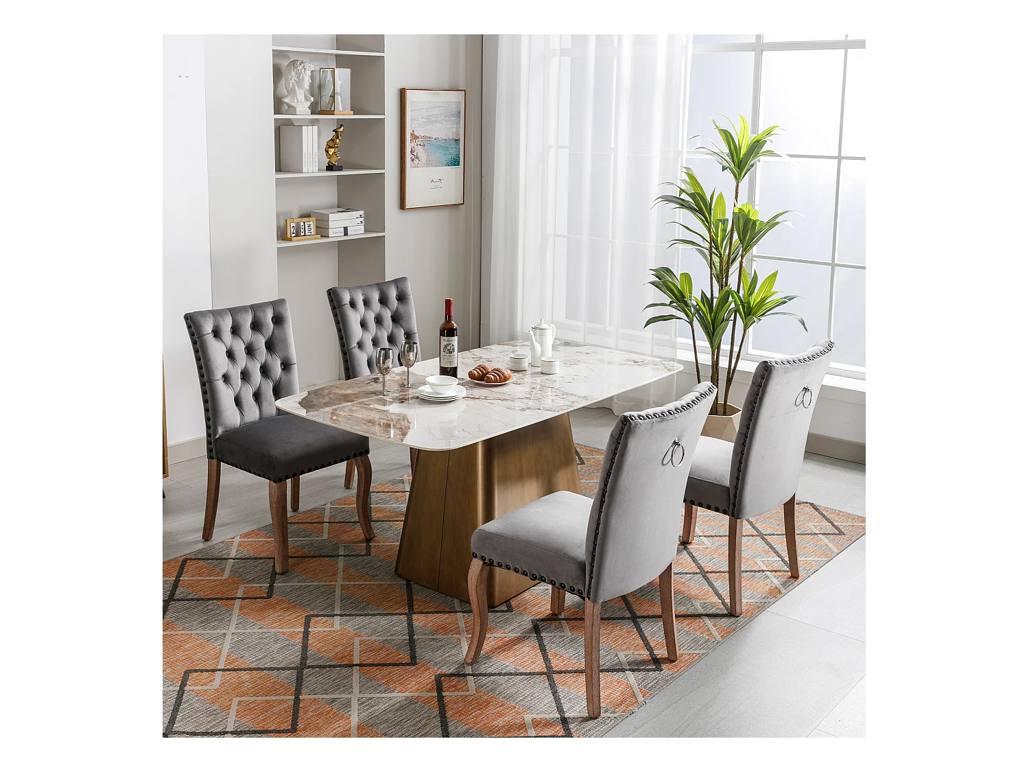 Lot de 4 chaises en velours avec dossier - pieds en bois - gris