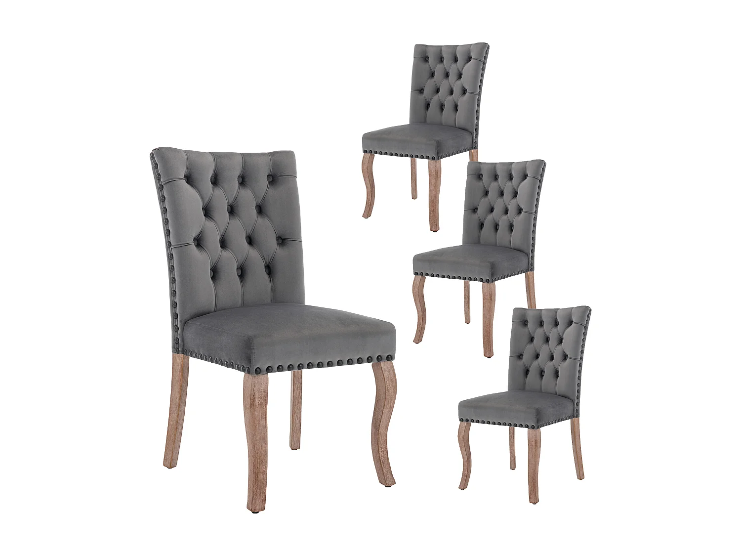 Lot de 4 chaises en velours avec dossier - pieds en bois - gris