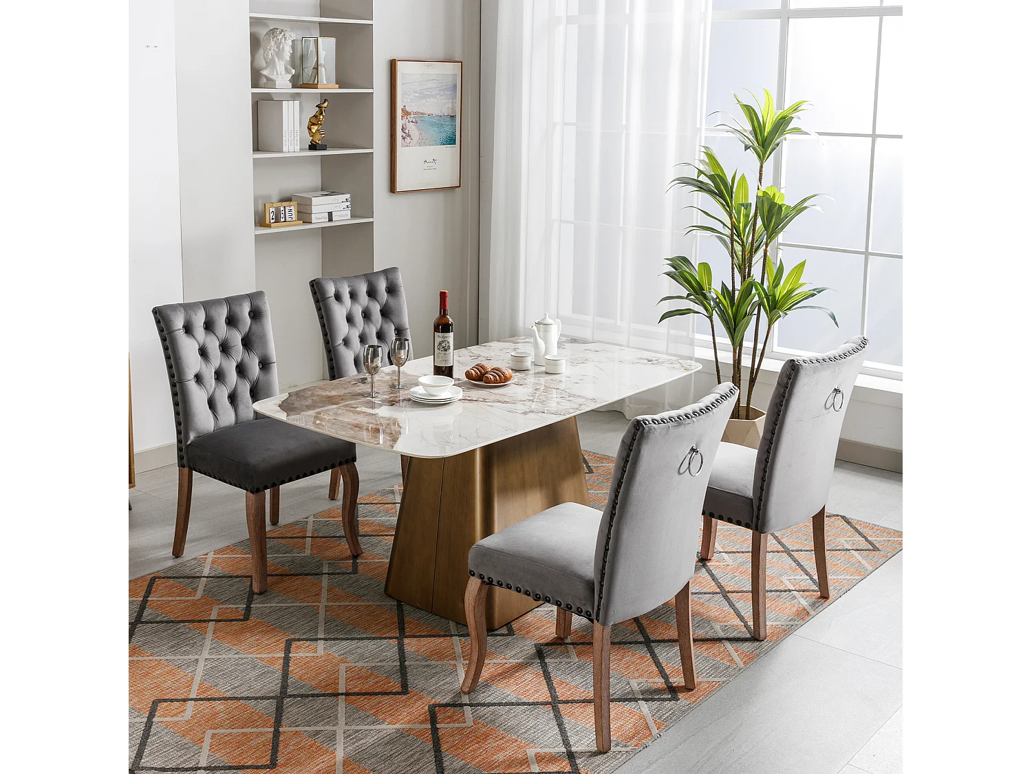 Lot de 4 chaises en velours avec dossier - pieds en bois - gris