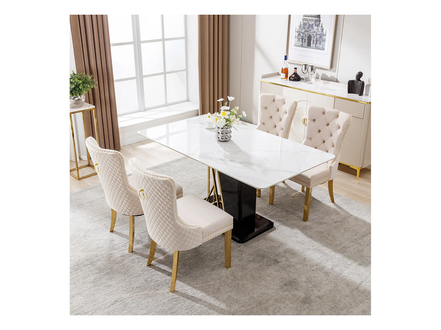 Lot de 4 chaises à manger avec dossier rembourré - pieds en métal doré - velours - beige