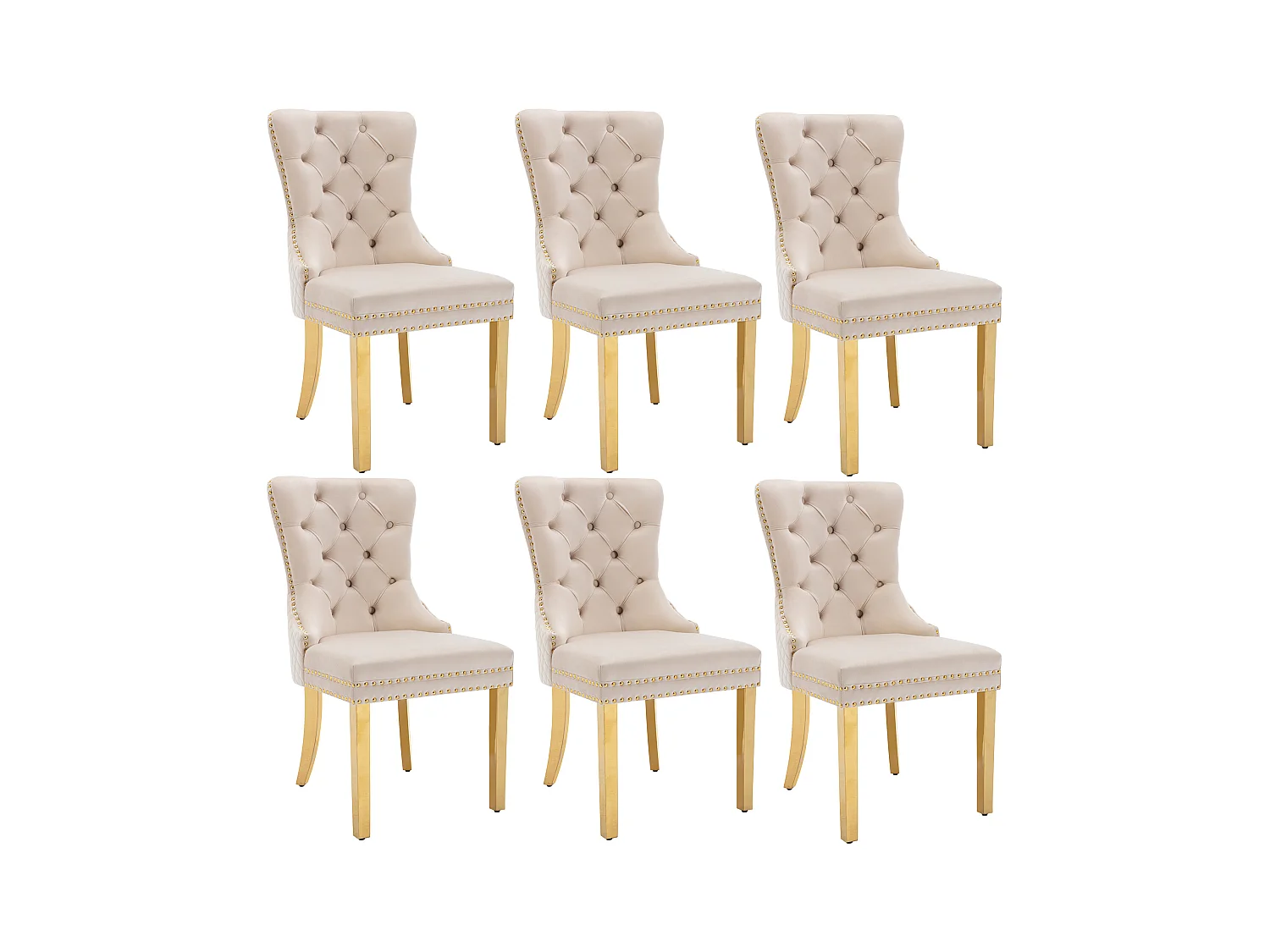 Set di 6 sedie da pranzo con schienale imbottito - gambe in metallo dorato - velluto - beige