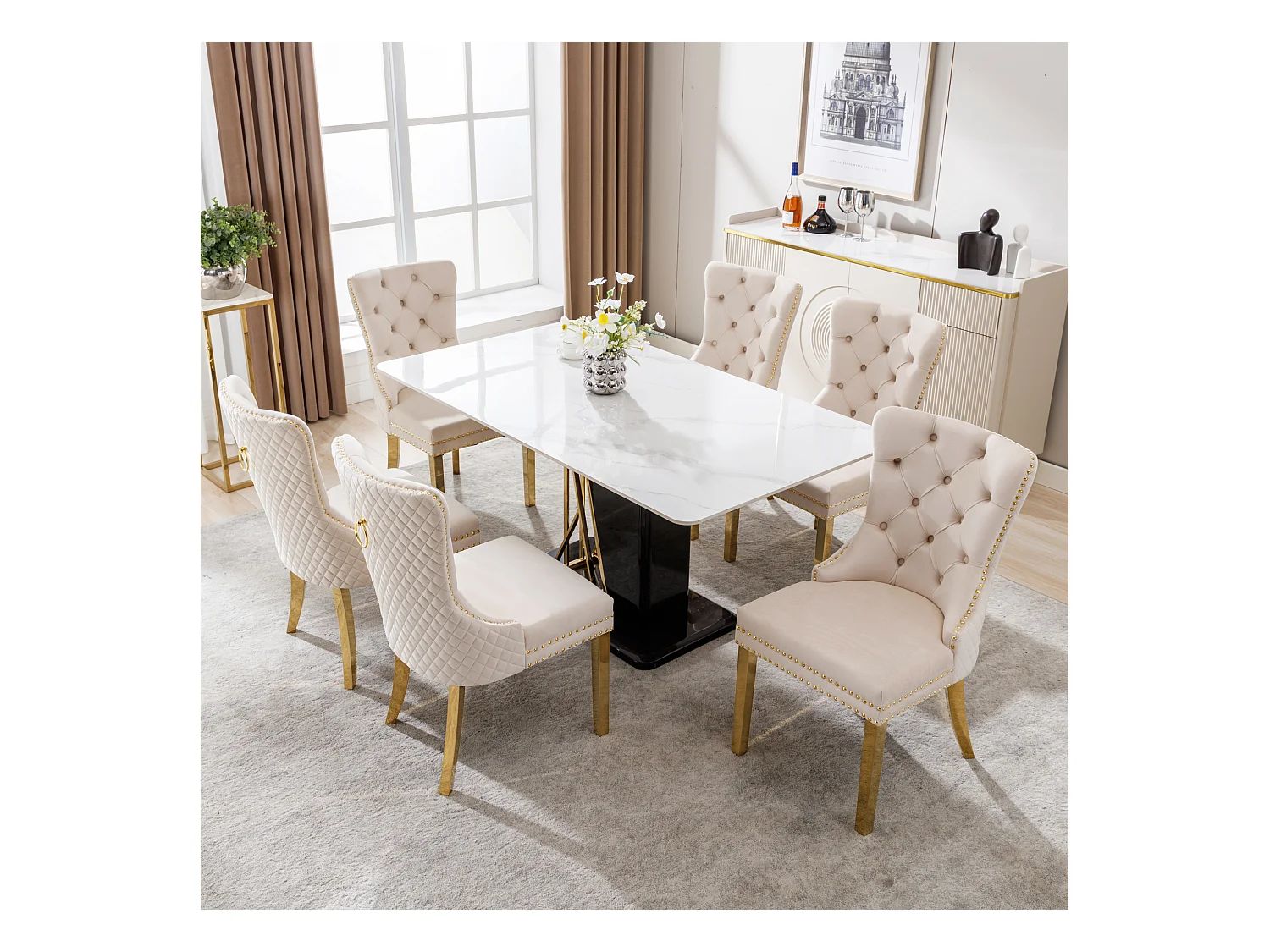 Lot de 6 chaises à manger avec dossier rembourré - pieds en métal doré - velours - beige