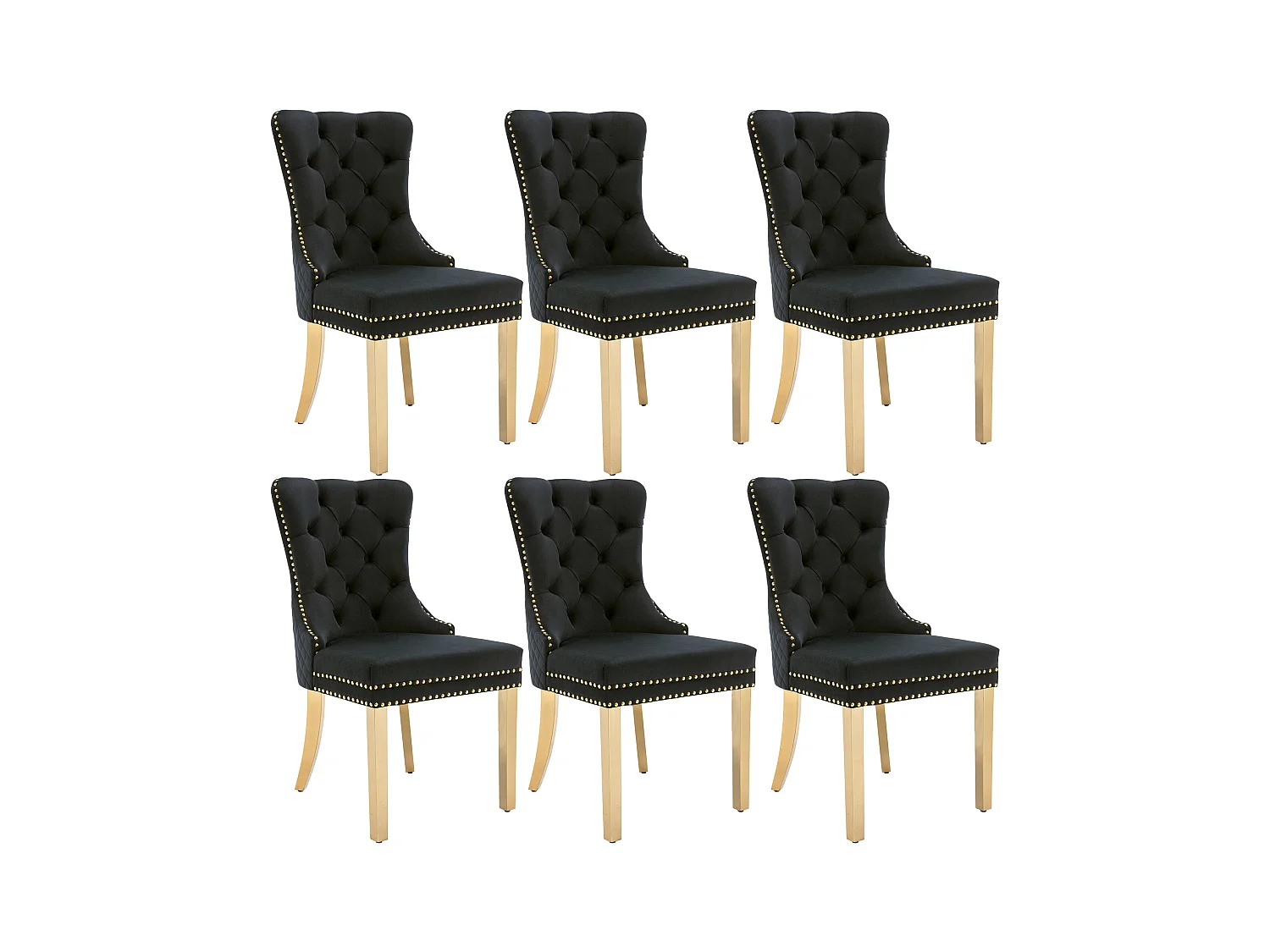 Lot de 6 chaises à manger avec dossier rembourré - pieds en métal doré - velours - noir