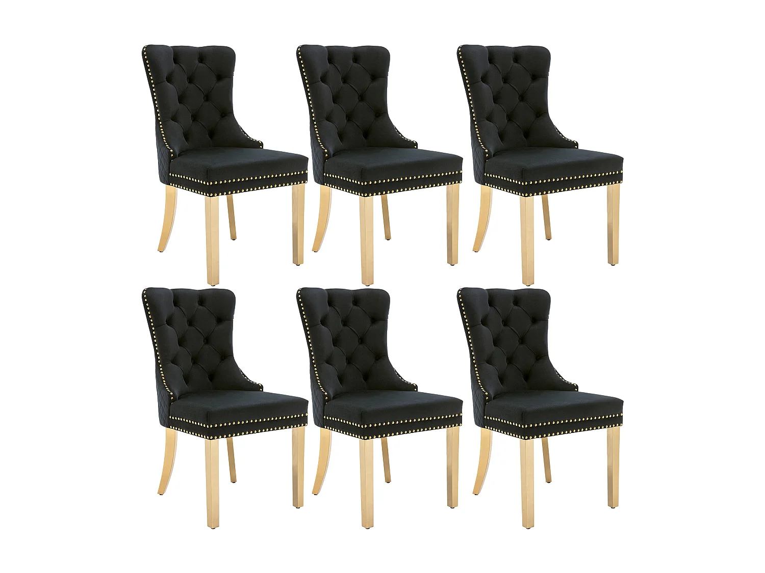 Lot de 6 chaises à manger avec dossier rembourré - pieds en métal doré - velours - noir