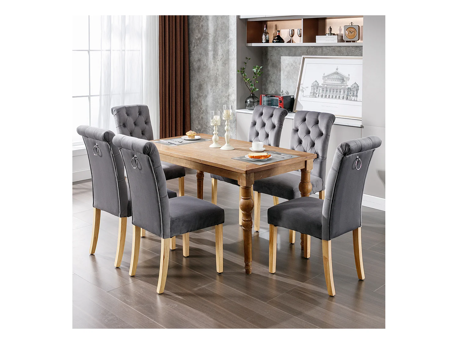 Lot de 2 chaises à manger en velours avec dossier - pieds en bois doré - gris