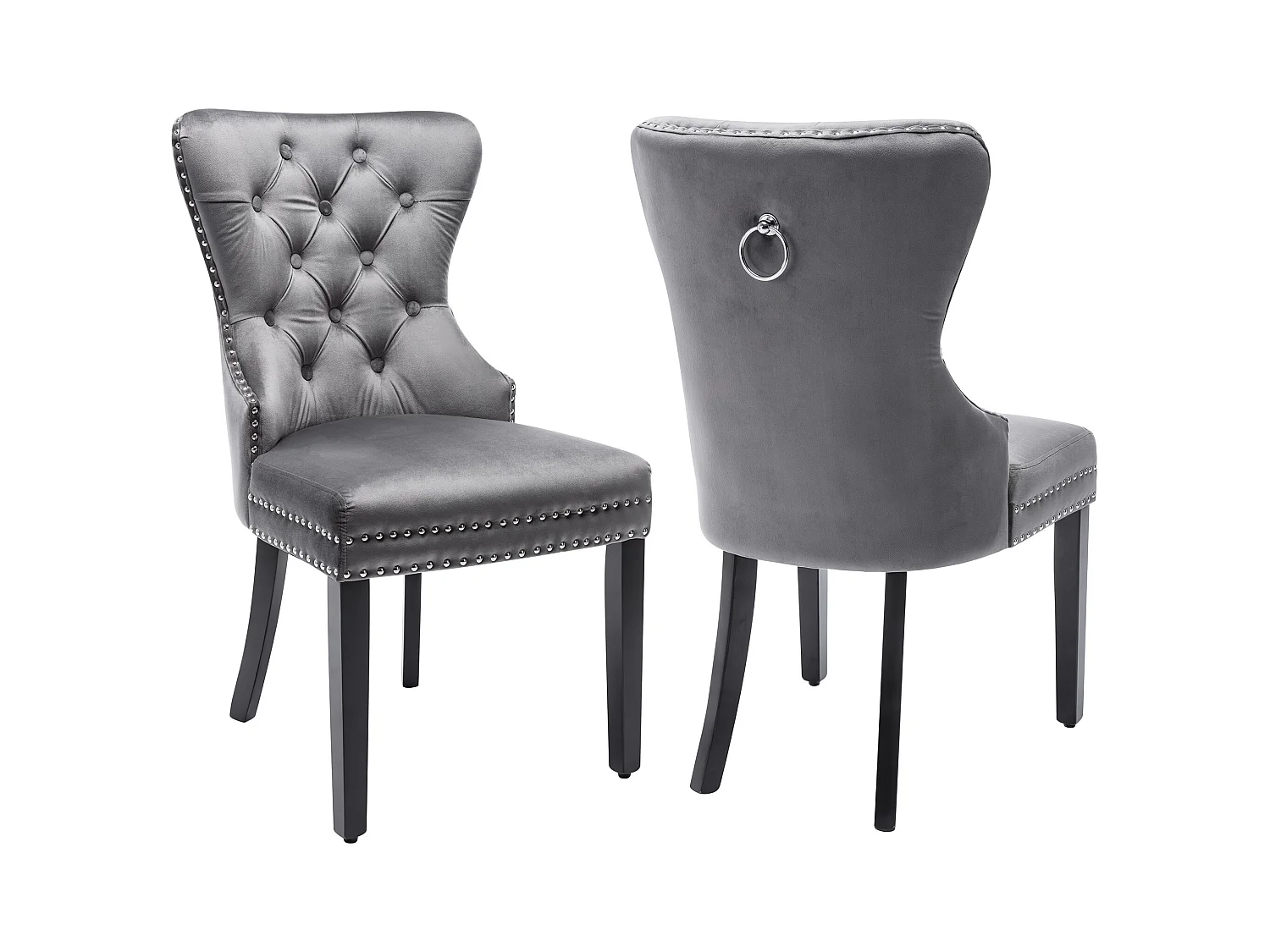 Juego de 2 sillas de comedor de terciopelo con respaldo - patas de madera - gris