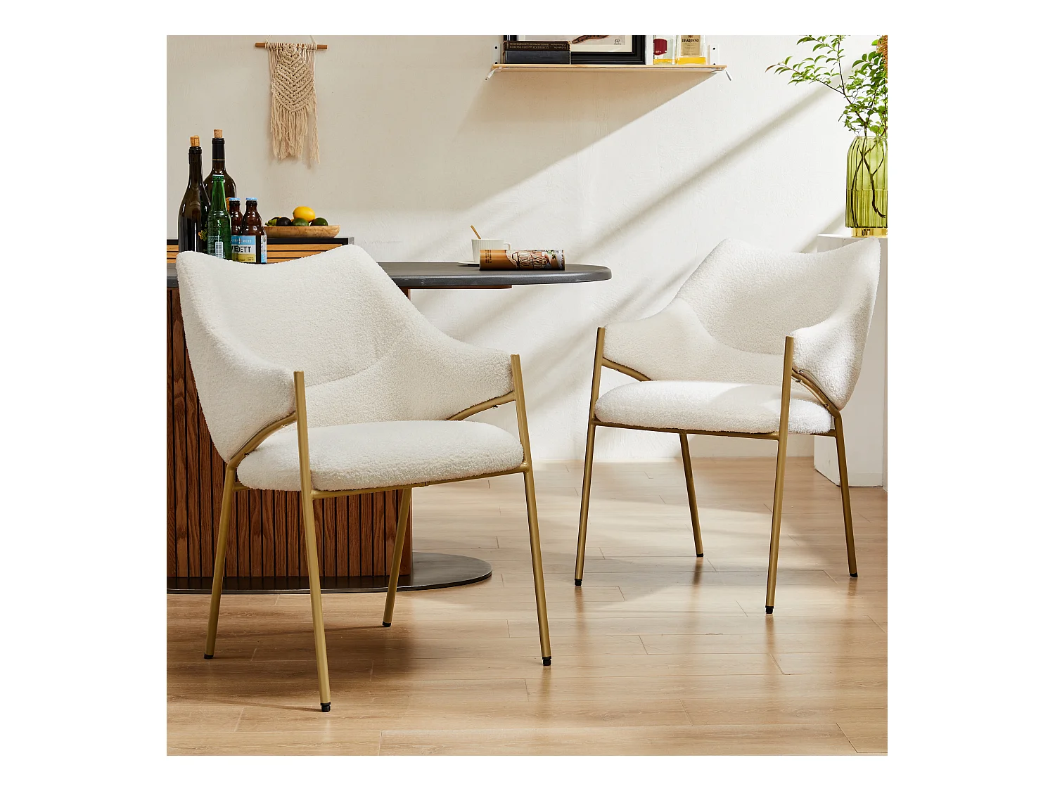 Lot de 2 chaise à manger en sherpa avec avec dossier rembourré et accoudoirs - pieds réglables - beige