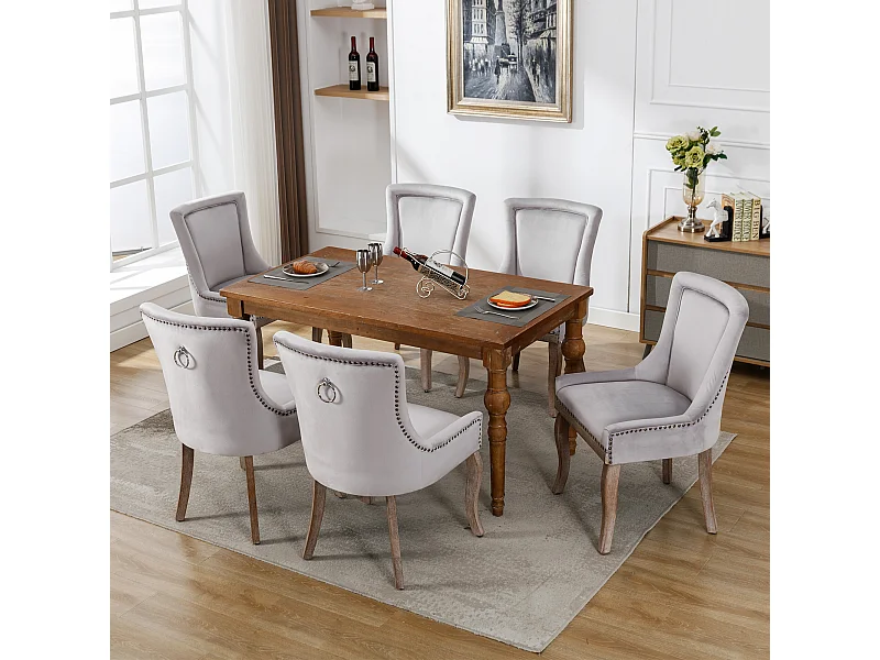 Set van 6 fluwelen eetkamerstoelen met rugleuning - houten poten - grijs