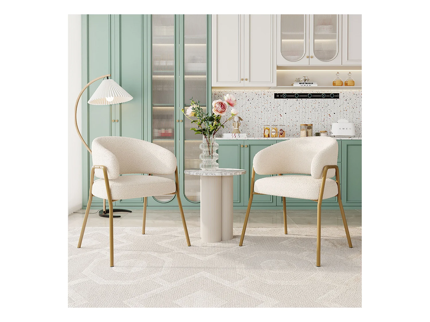 Lot de 2 chaises à manger en laine d'agneau avec accoudoirs et dossier - pieds en métal - blanc