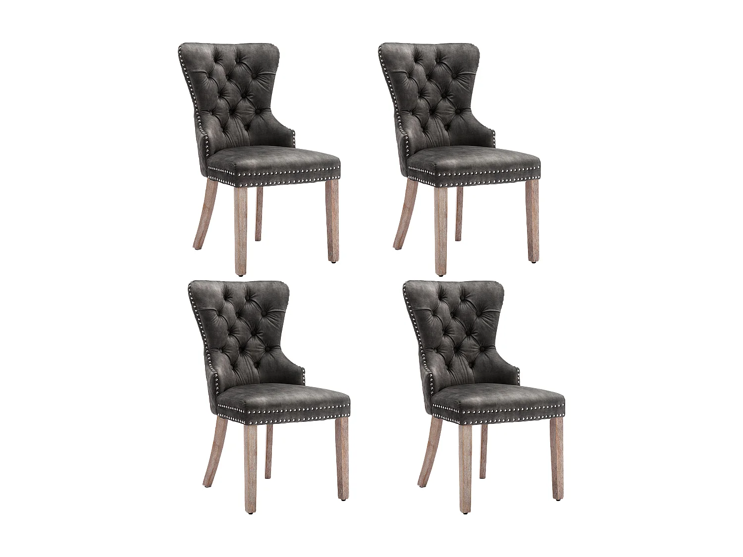 Set van 4 fluwelen eetkamerstoelen met rugleuning - houten poten - grijs