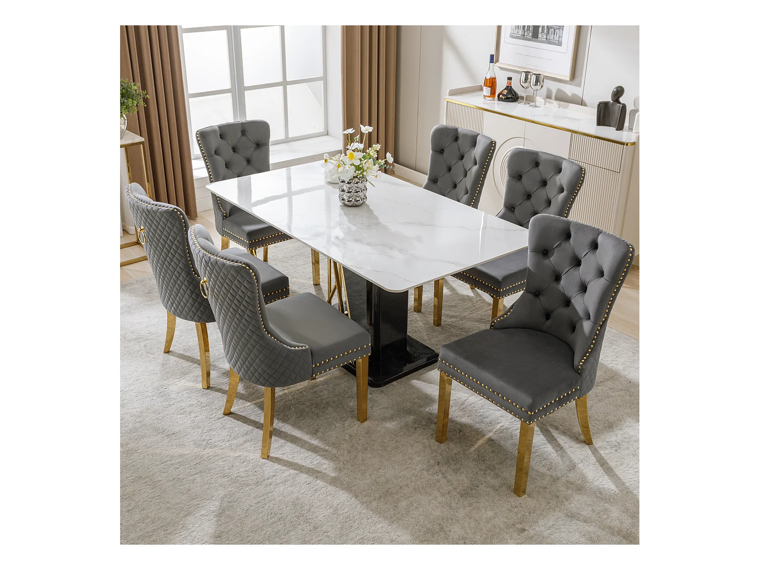 Lot de 6 chaises à manger avec dossier rembourré - pieds en métal doré - velours - gris