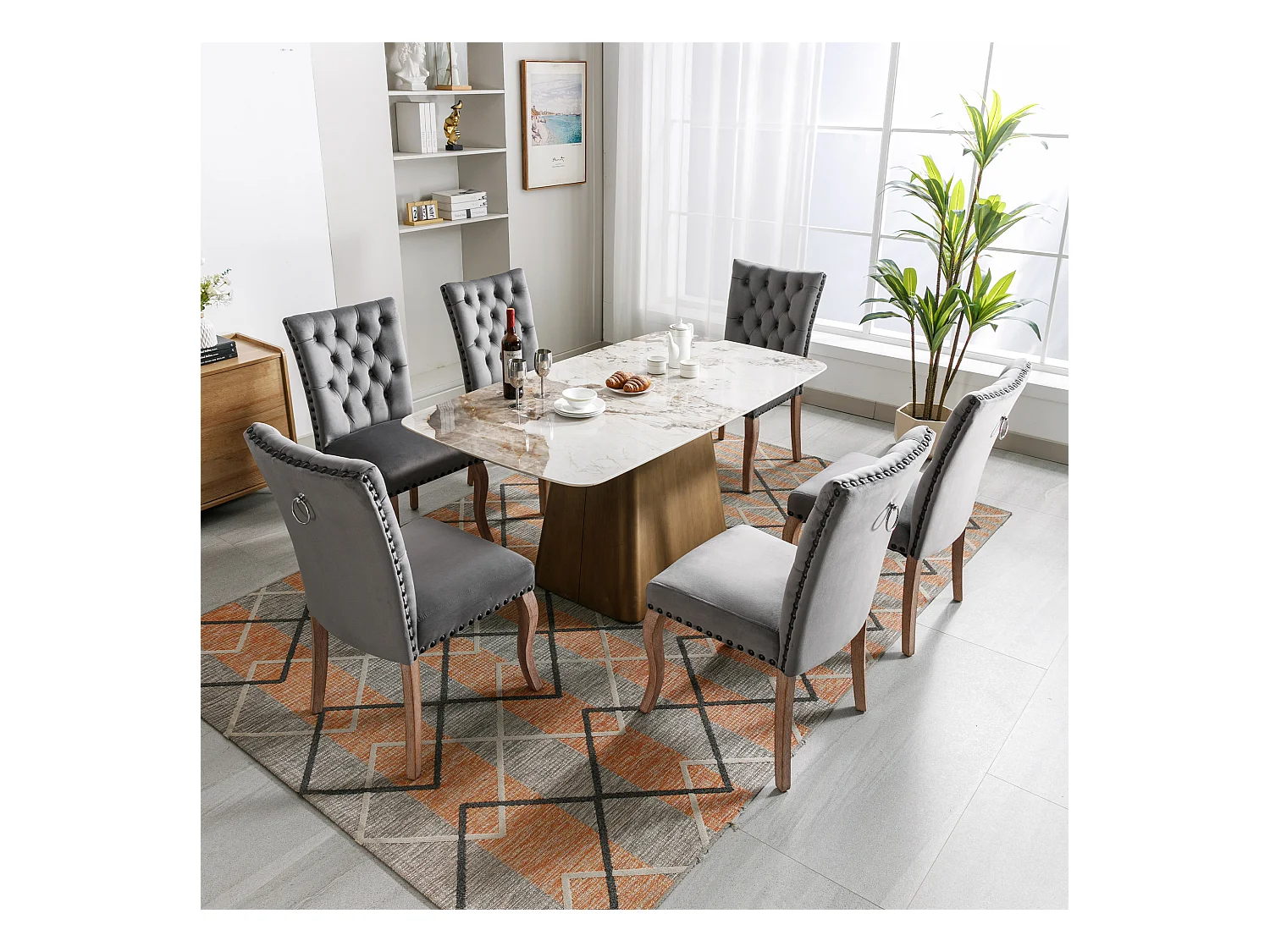 Set van 6 fluwelen eetkamerstoelen met rugleuning - houten poten - grijs