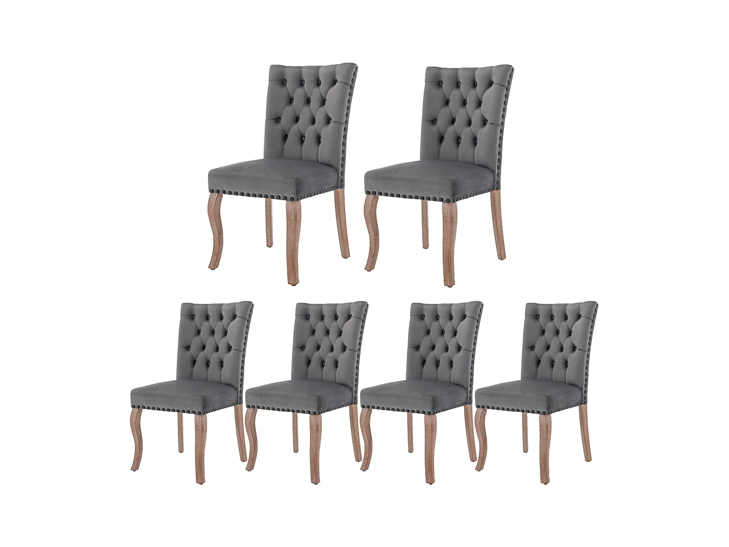 Set van 6 fluwelen eetkamerstoelen met rugleuning - houten poten - grijs