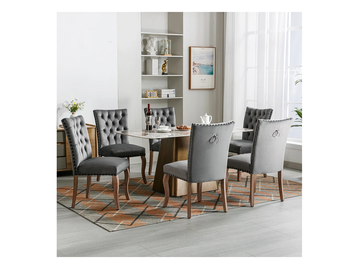 Set van 6 fluwelen eetkamerstoelen met rugleuning - houten poten - grijs