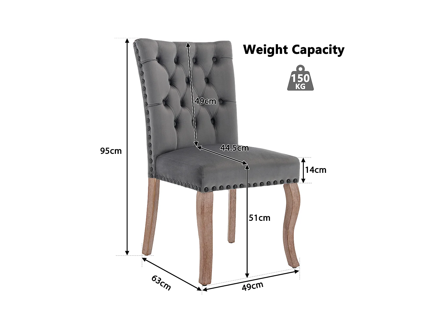 Lot de 6 chaises à manger en velours avec dossier - pieds en bois - gris
