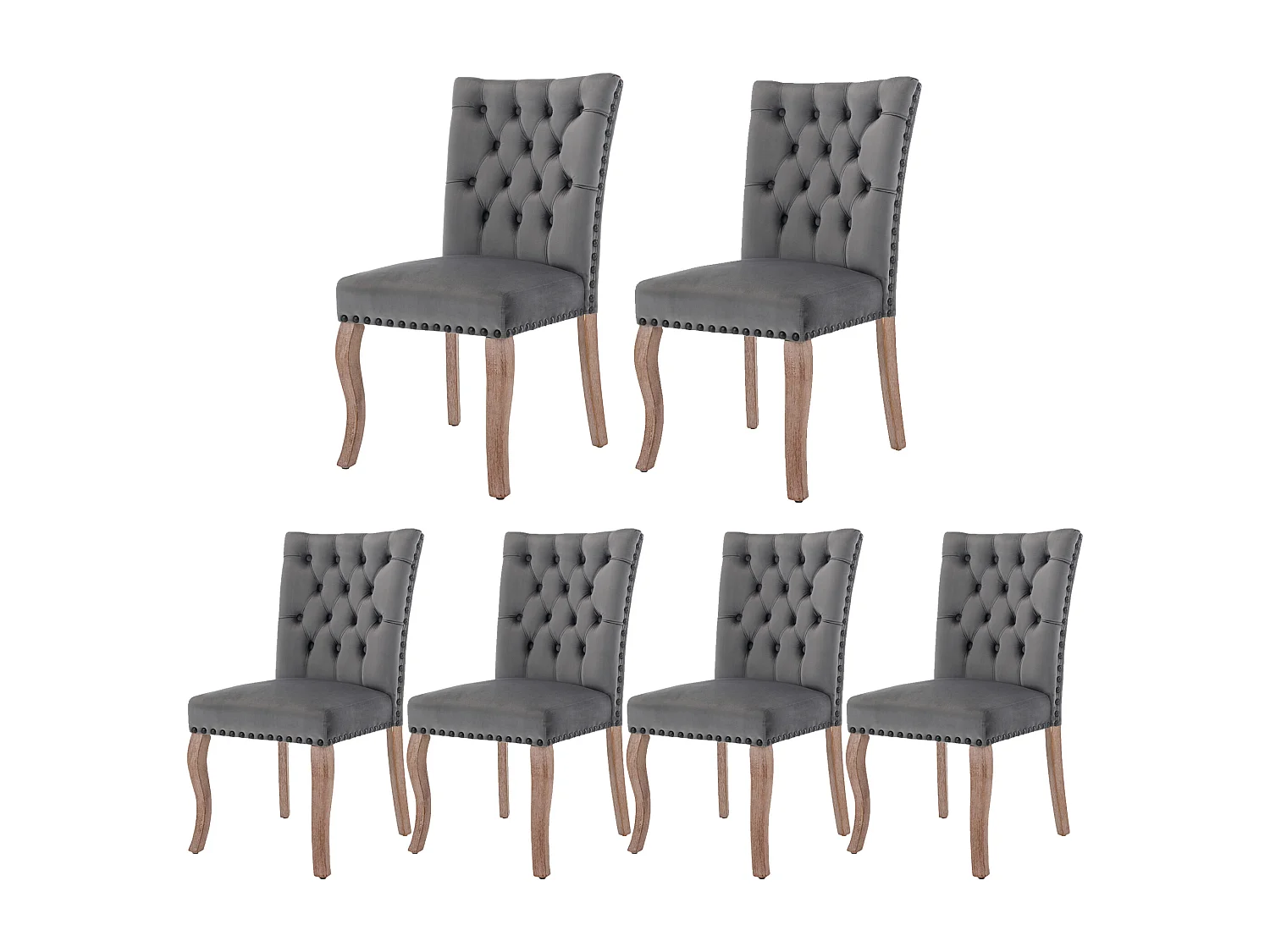 Lot de 6 chaises à manger en velours avec dossier - pieds en bois - gris