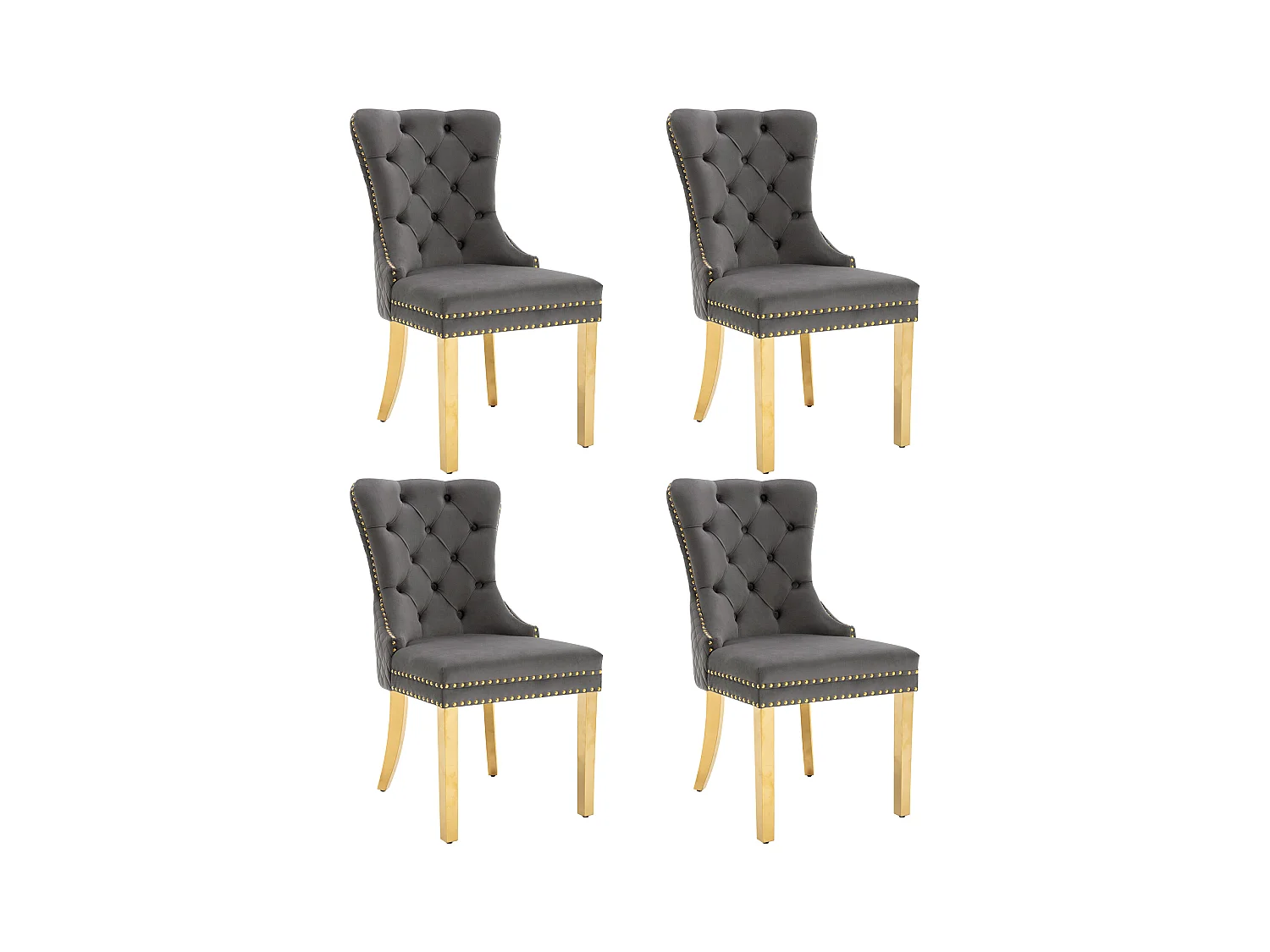 Lot de 4 chaises à manger en velours  - pieds en métal doré - gris