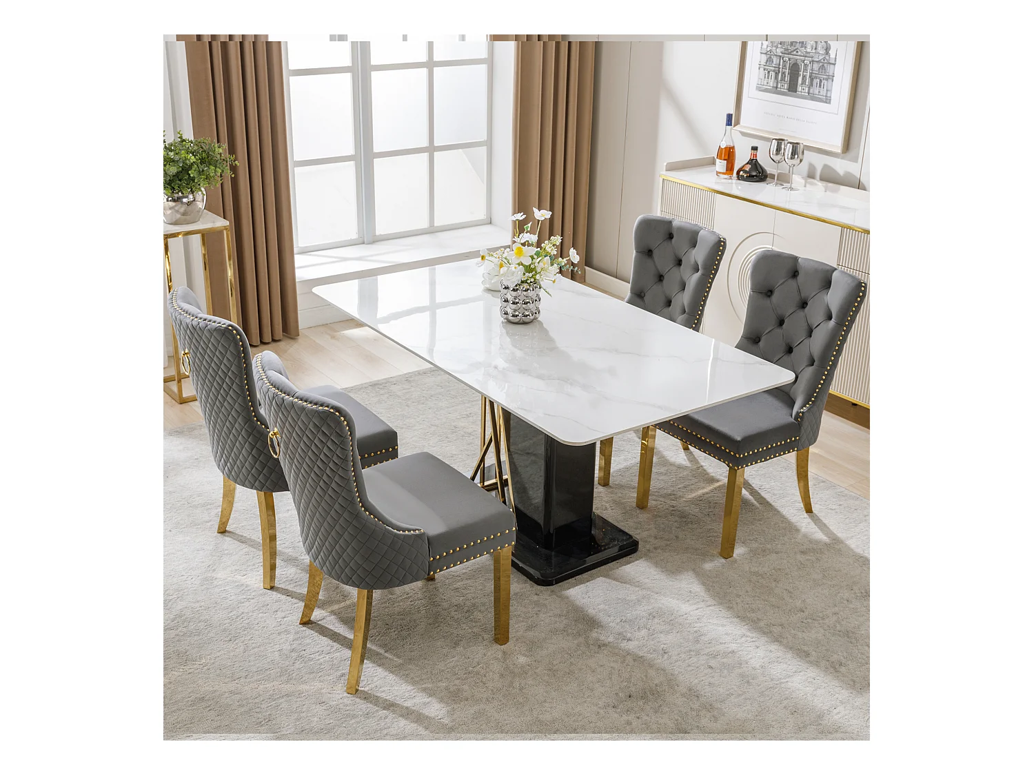Lot de 4 chaises en velours  - pieds en métal doré - gris