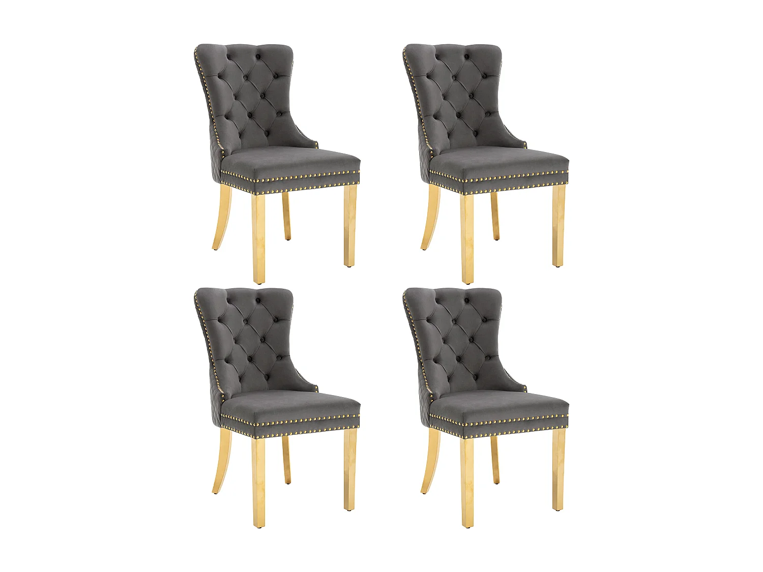 Lot de 4 chaises à manger en velours  - pieds en métal doré - gris