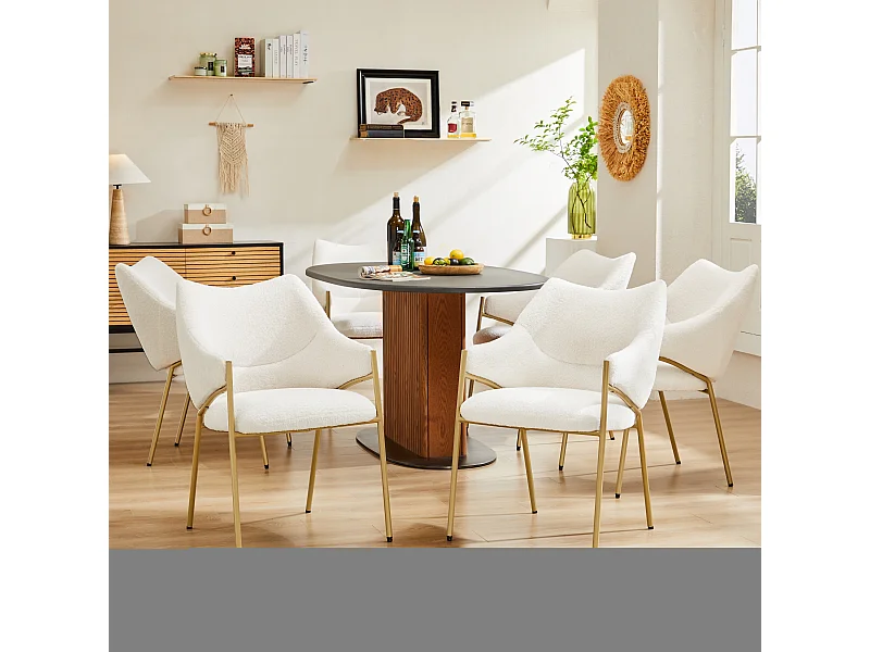 Lot de 6 chaise à manger en sherpa avec avec dossier rembourré et accoudoirs - pieds réglables - beige