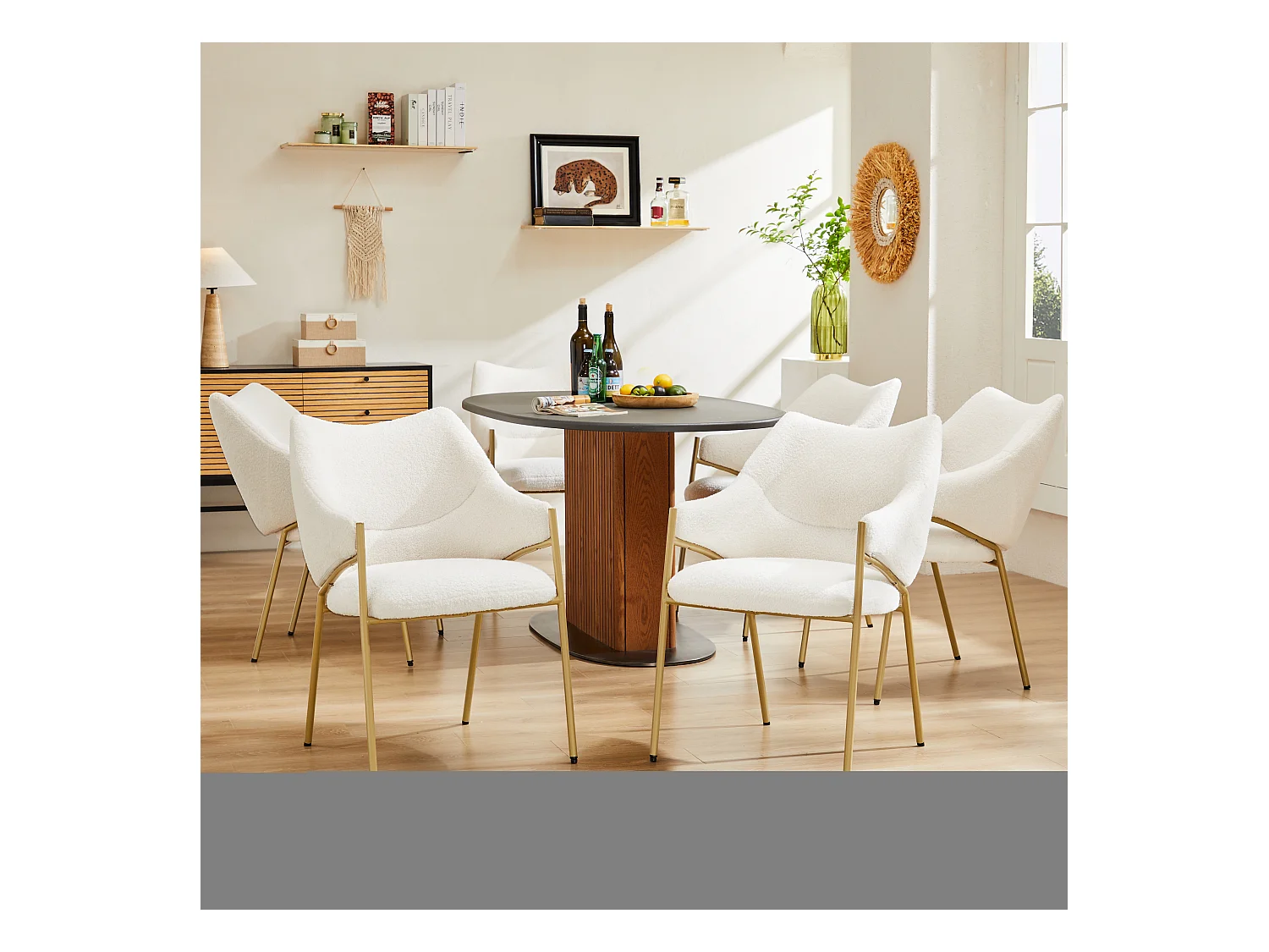 Set van 6 Sherpa eetkamerstoelen met gewatteerde rugleuning en armleuningen - Verstelbare poten - Beige