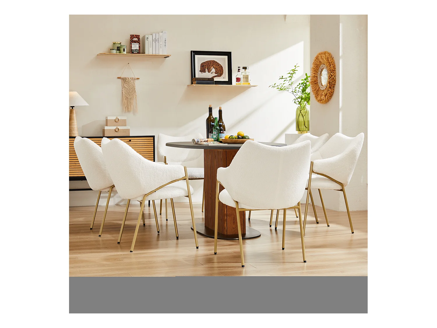 Set van 6 Sherpa eetkamerstoelen met gewatteerde rugleuning en armleuningen - Verstelbare poten - Beige