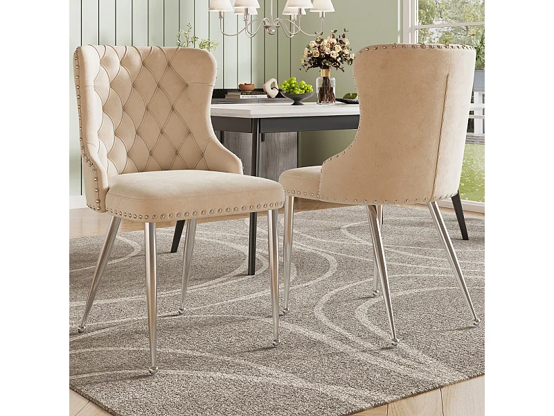 Lot de 2 chaises à manger en velours avec dossier rembourré - pieds réglables en métal argenté - beige