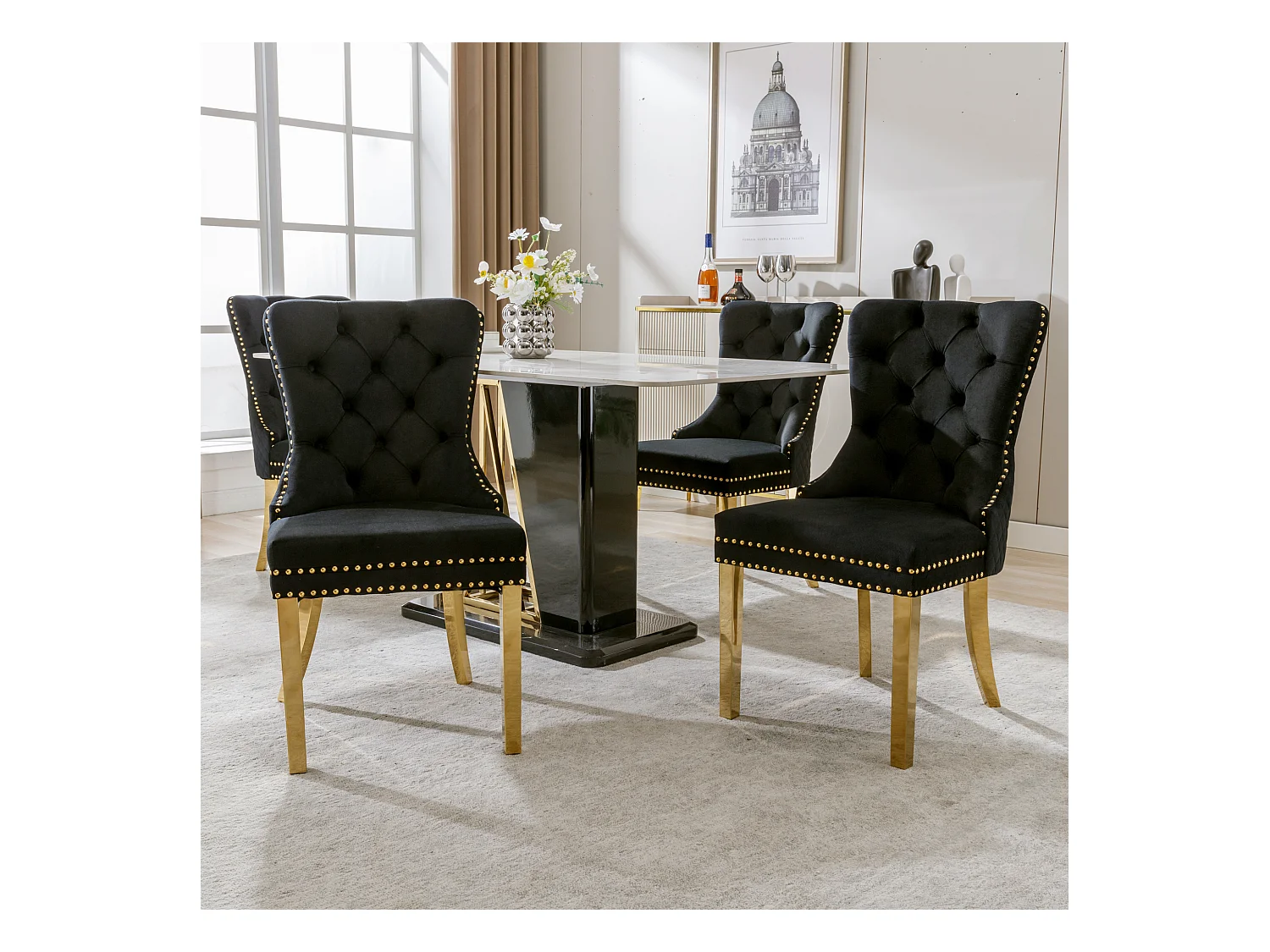 Lot de 4 chaises à manger avec dossier rembourré - pieds en métal doré - velours - noir