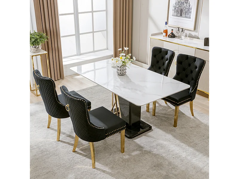 Lot de 4 chaises à manger avec dossier rembourré - pieds en métal doré - velours - noir