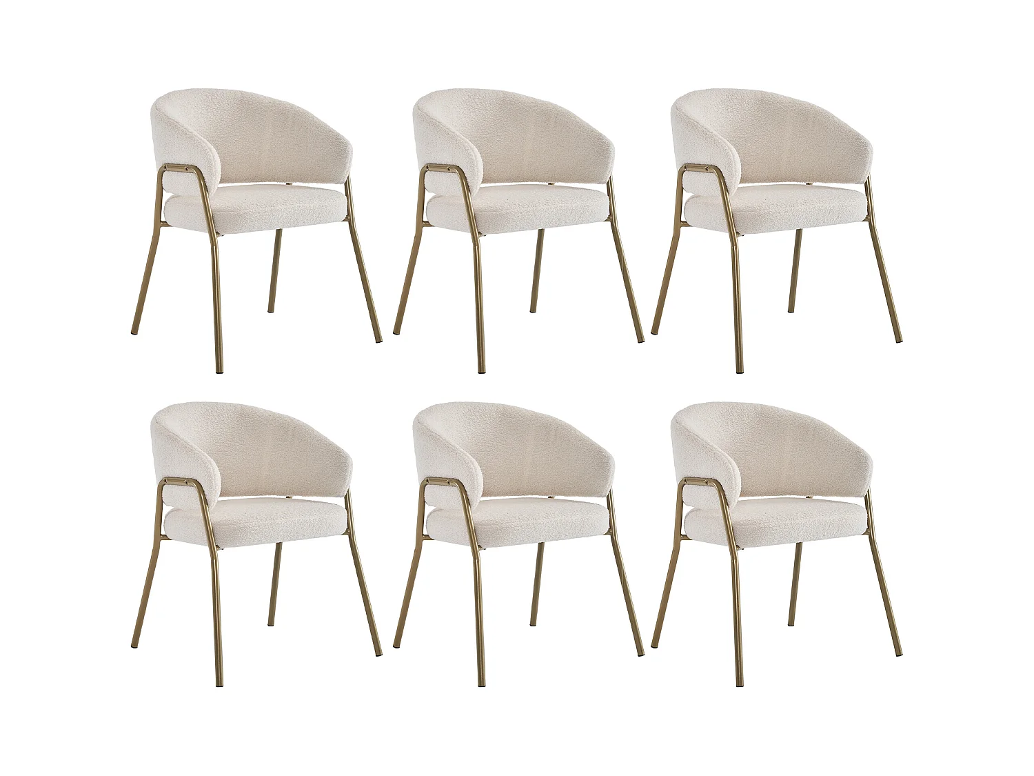 Lot de 6 chaises à manger en laine d'agneau avec accoudoirs et dossier - pieds en métal - blanc