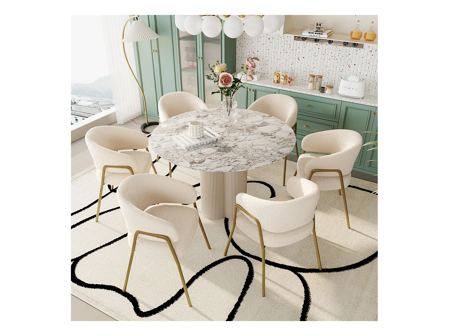 Lot de 6 chaises à manger en laine d'agneau avec accoudoirs et dossier - pieds en métal - blanc