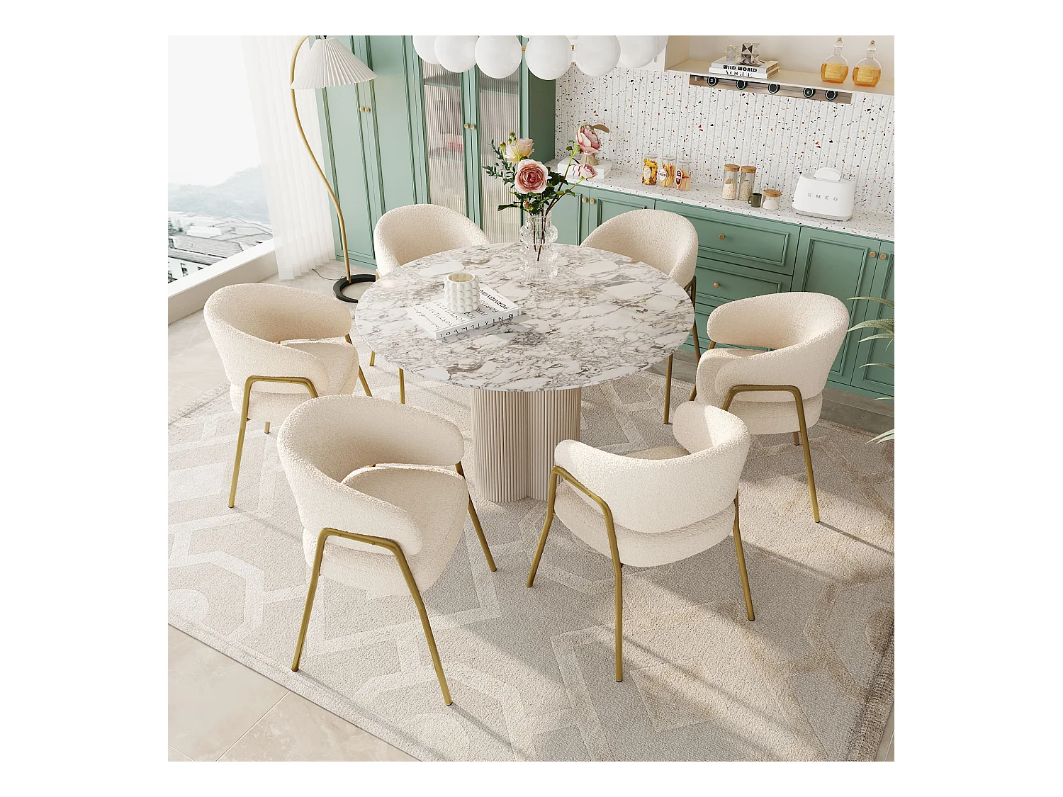 Lot de 6 chaises à manger en laine d'agneau avec accoudoirs et dossier - pieds en métal - blanc