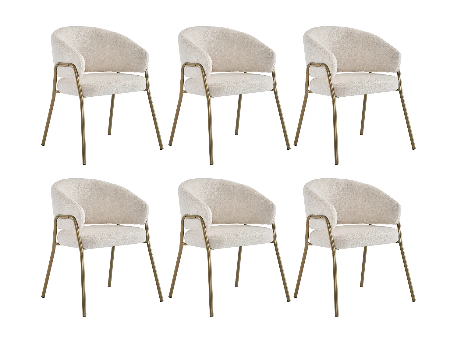 Lot de 6 chaises à manger en laine d'agneau avec accoudoirs et dossier - pieds en métal - blanc