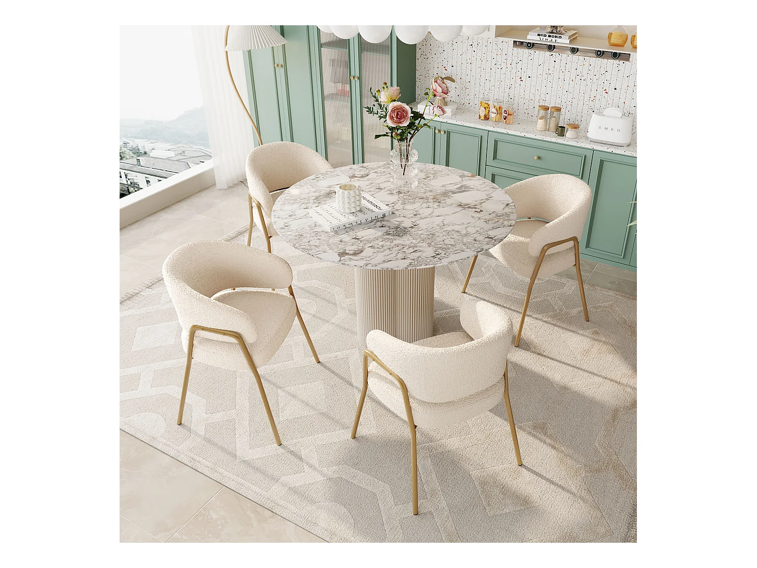 Lot de 4 chaises à manger en laine d'agneau avec accoudoirs et dossier - pieds en métal - blanc