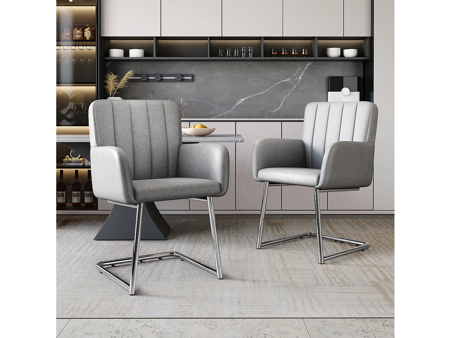 Set van 2 eetkamerstoelen van imitatieleer met armleuningen en rugleuning - metalen poten - grijs