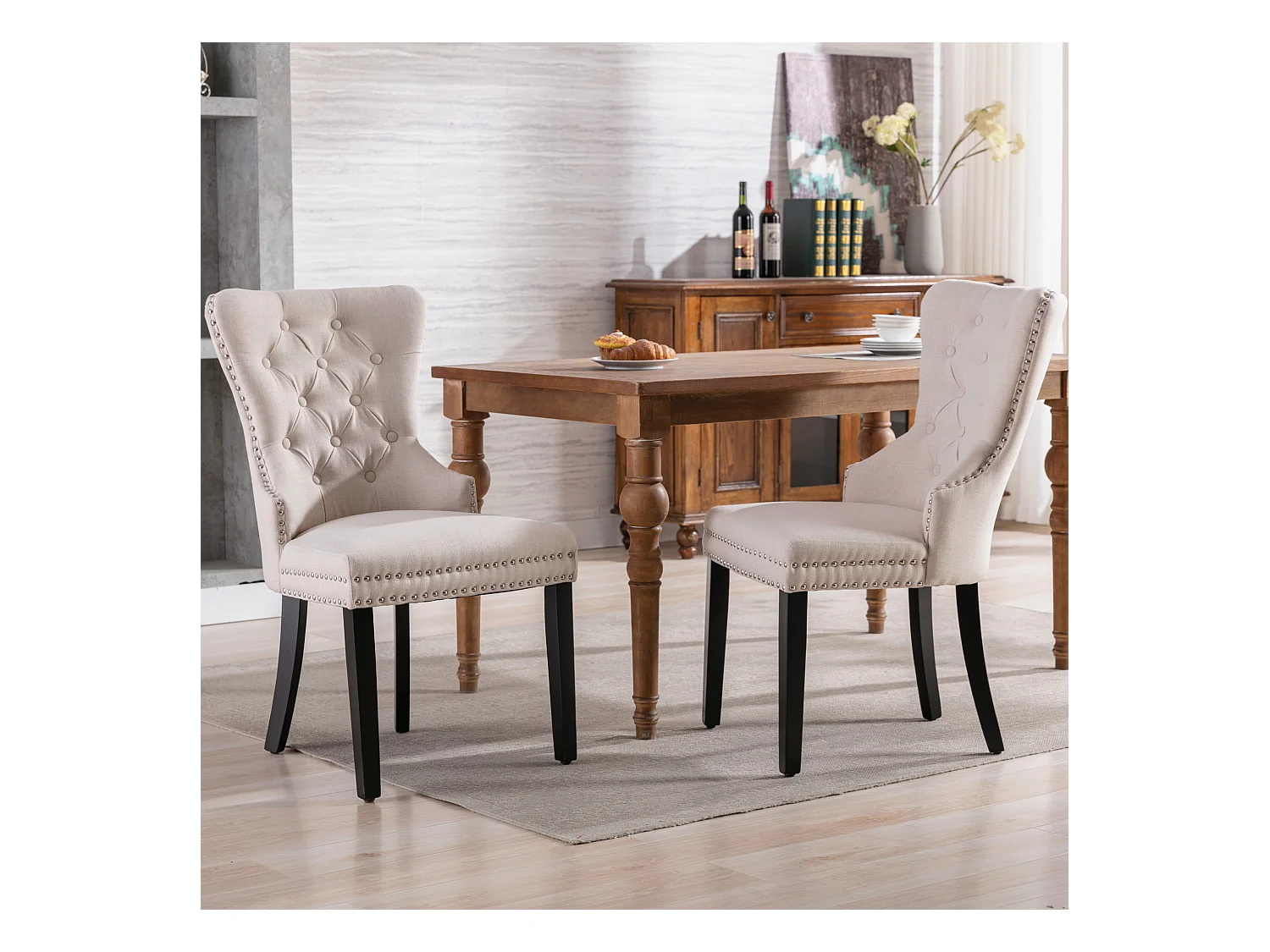 Lot de 2 chaises à manger en lin avec dossier - pieds en bois - beige