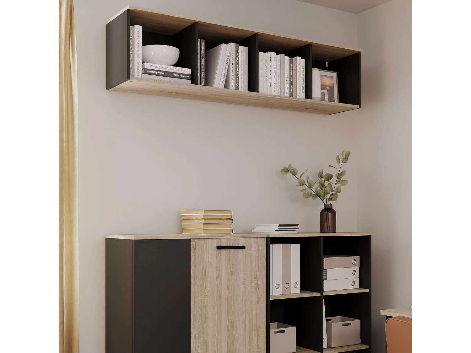 Étagère murale de bureau moderne Nibis Chêne Sonoma/Gris 4 ouvertures 160 x 37 x 32 cm