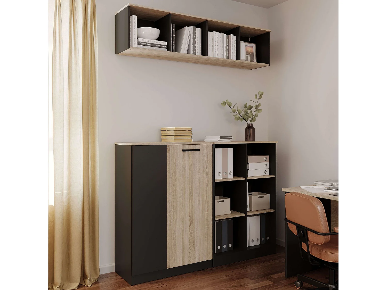 Étagère murale de bureau moderne Nibis Chêne Sonoma/Gris 4 ouvertures 160 x 37 x 32 cm