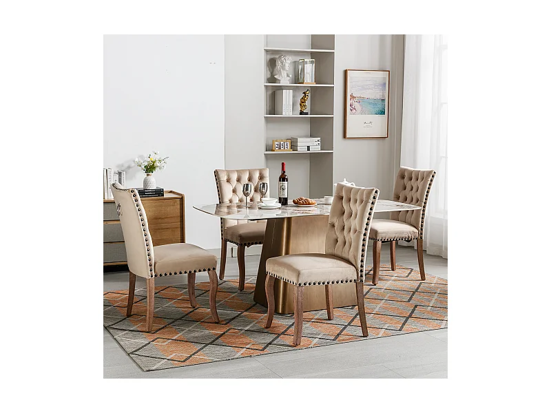 Set van 4 fluwelen eetkamerstoelen met rugleuning - houten poten - lichtbruin