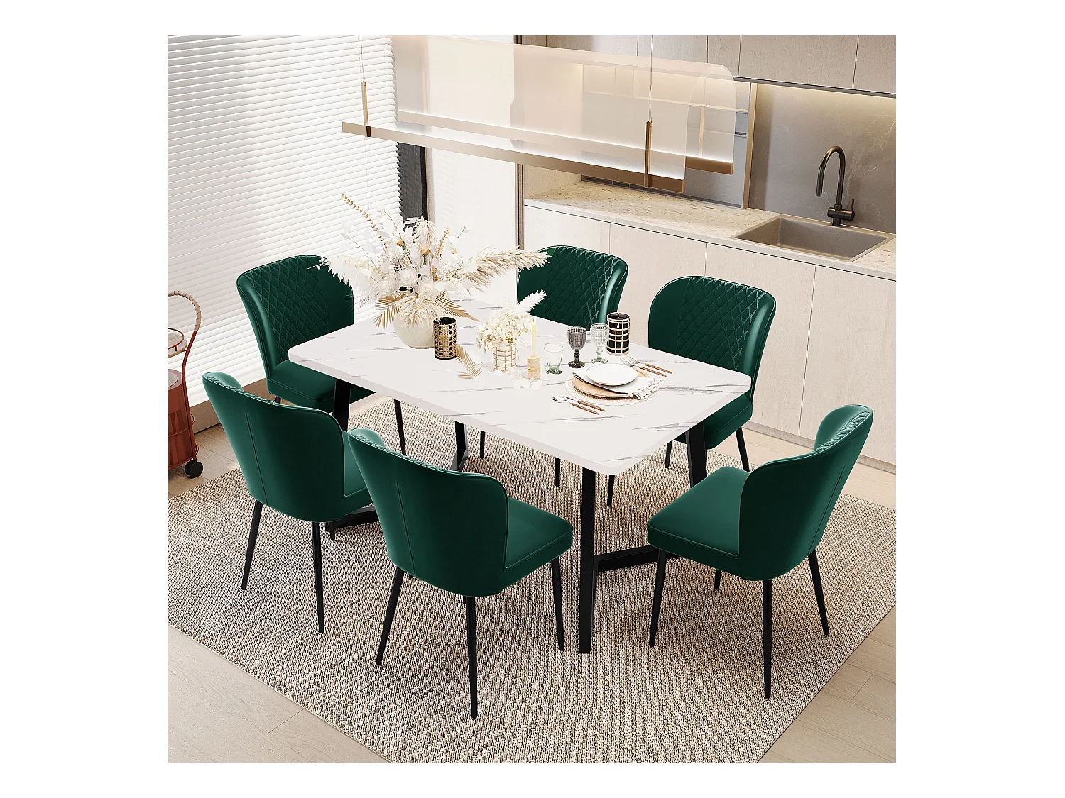 Lot de 6 chaises à manger en velours - pieds en métal noir - vert foncé