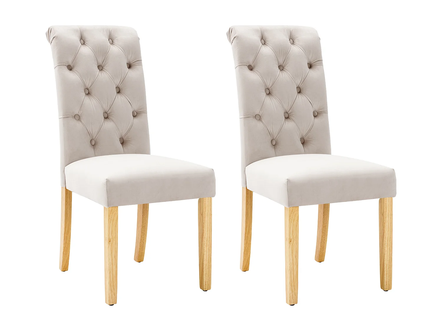 Lot de 2 chaises en velours avec dossier - pieds en bois doré - beige