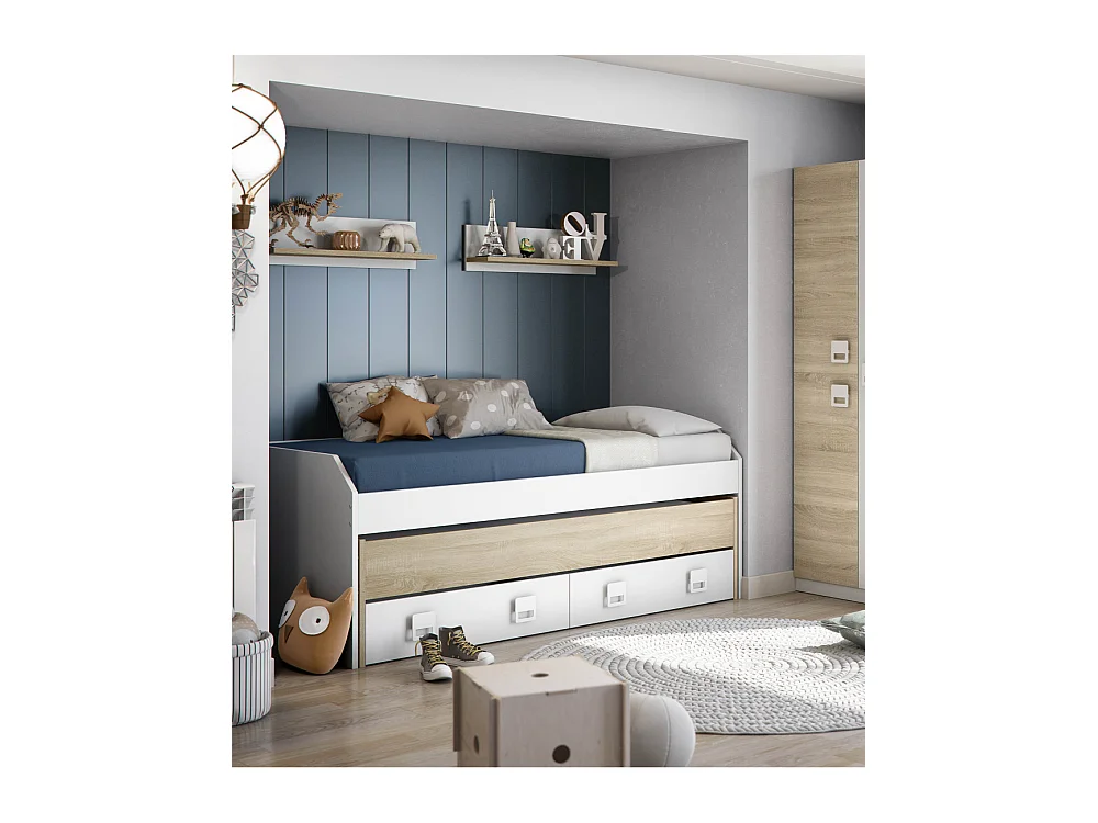 Cama nido de 77-47x96x199-188 cm con 2 estantes y 2 cajones en color blanco y beige Tomy