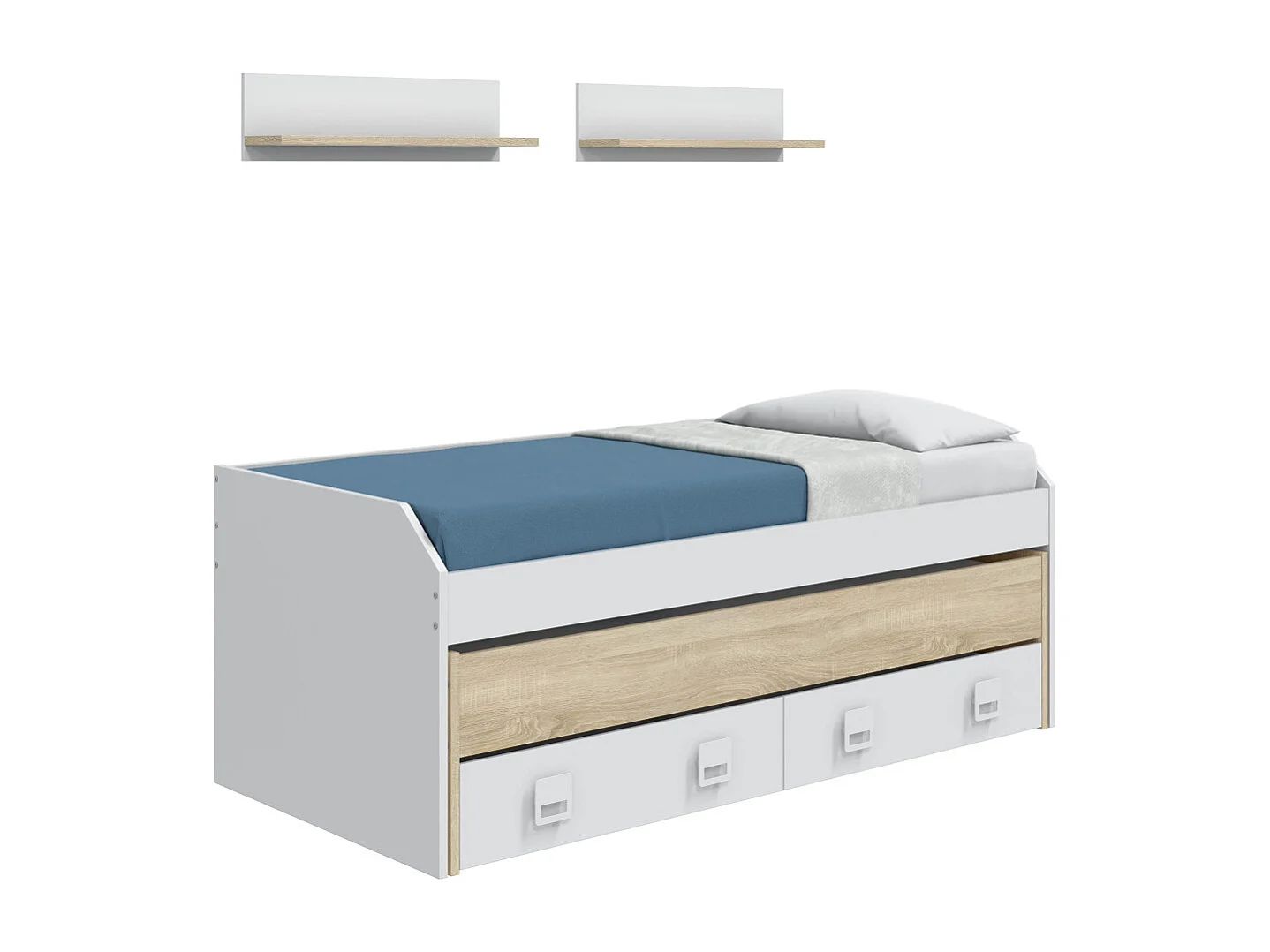 Cama nido de 77-47x96x199-188 cm con 2 estantes y 2 cajones en color blanco y beige Tomy